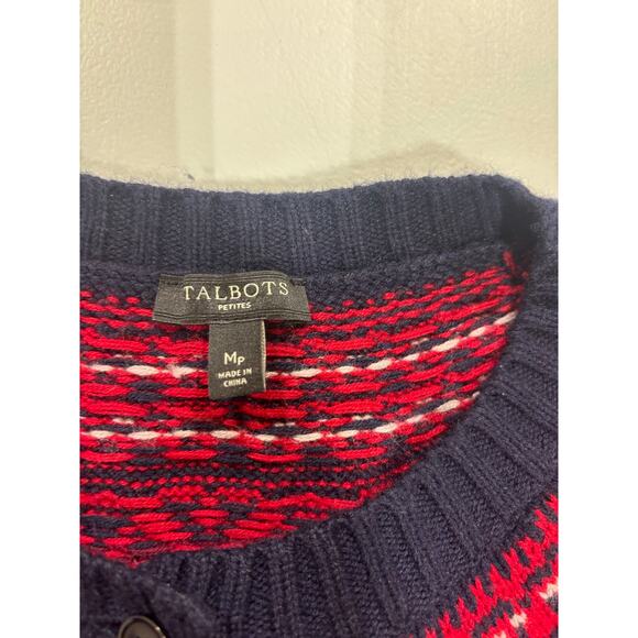 Talbots Petites Wool Fair Isle Cardigan Sweater Navy Red MP Nordic Winter Knit - Picture 5 of 9